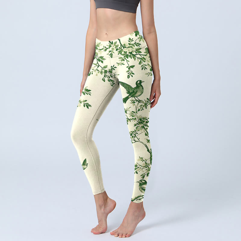 Buddha Stones Fresh Tree Flower Leaf Bird Pattern Print Gym Leggings Women's Yoga Pants - Beige - US18，UK/AU22，EU50 (4XL) - image 0