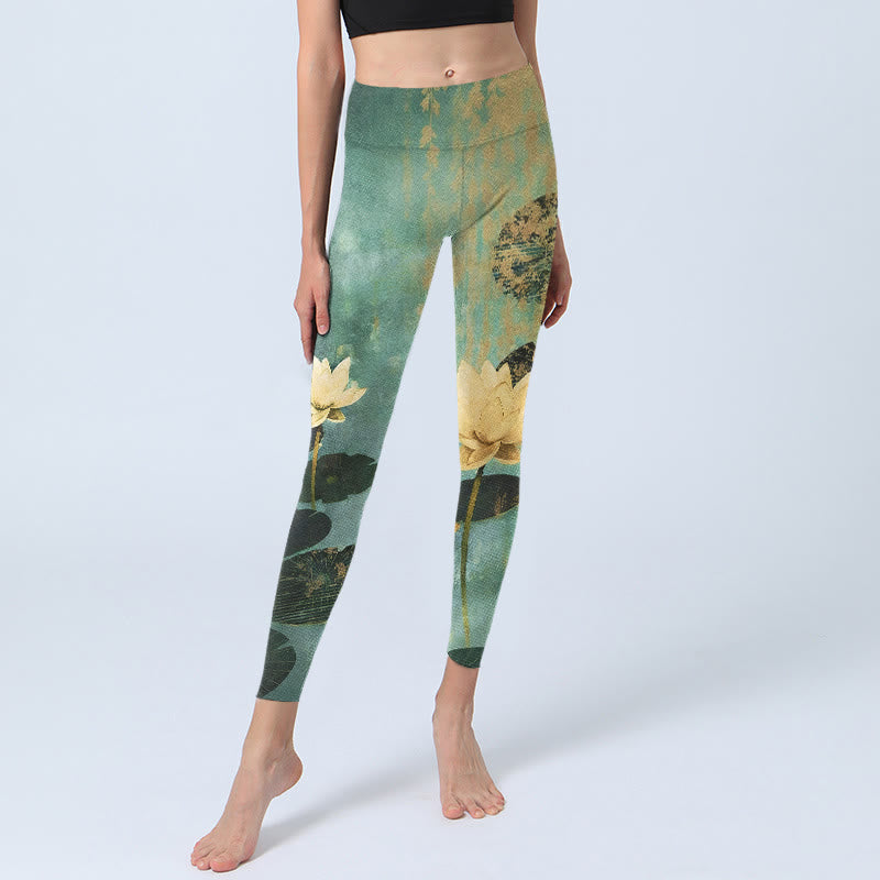 Buddha Stones Classical Lotus Flower Leaf Pattern Print Gym Leggings Women's Yoga Pants - image 5