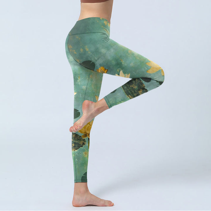 Buddha Stones Classical Lotus Flower Leaf Pattern Print Gym Leggings Women's Yoga Pants - image 3