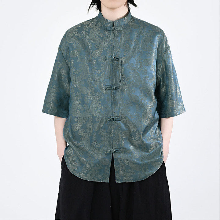 Buddha Stones Summer Frog-Button Half Sleeve Vine Leaf Flower Pattern Men's Shirt  - SteelBlue - US/UK/AU46，EU56 (5XL) - image 0
