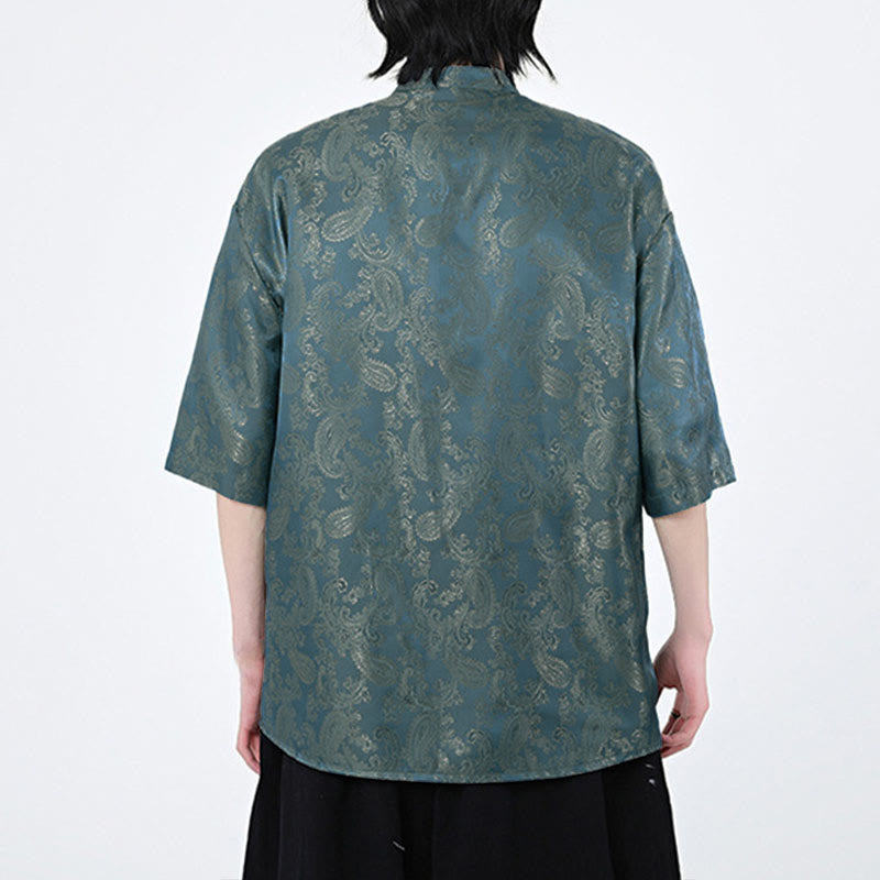 Buddha Stones Summer Frog-Button Half Sleeve Vine Leaf Flower Pattern Men's Shirt  - image 6