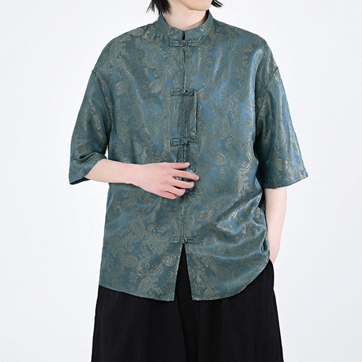 Buddha Stones Summer Frog-Button Half Sleeve Vine Leaf Flower Pattern Men's Shirt  - image 5