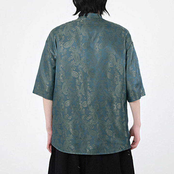 Buddha Stones Summer Frog-Button Half Sleeve Vine Leaf Flower Pattern Men's Shirt  - image 6