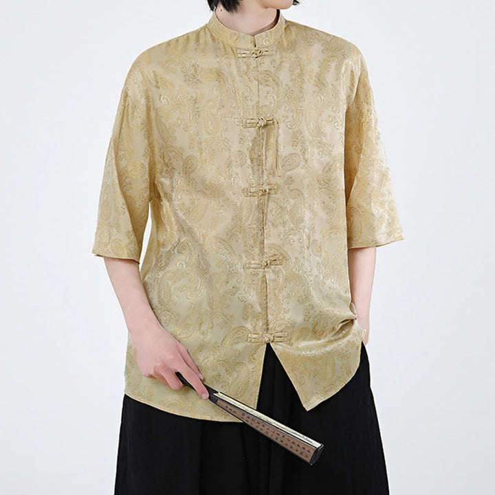 Buddha Stones Summer Frog-Button Half Sleeve Vine Leaf Flower Pattern Men's Shirt  - image 12