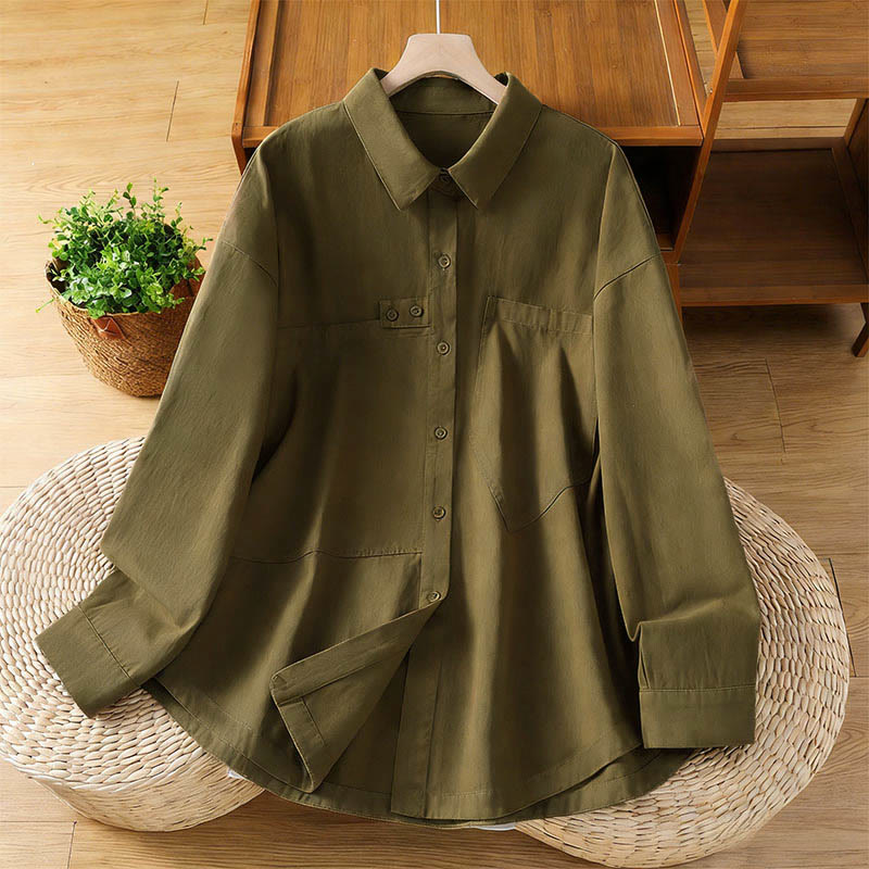 Buddha Stones Spring Plain Lapel Long Sleeve Women's Cotton Shirt With Pockets - Olive - US12，UK/AU16，EU44 (2XL) - image 19
