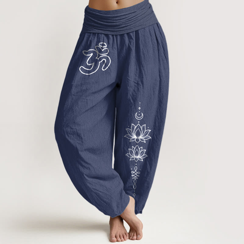 Buddha Stones Pure Cotton Minimalist Design Om Symbol Lotus Moon Pattern Women's Elastic Waist Harem Pants - DarkSlateBlue - US16，UK/AU20，EU48 (3XL) - image 5