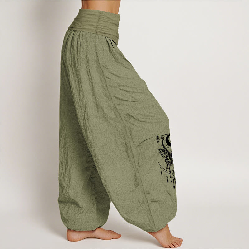 Buddha Stones Pure Cotton Minimalist Design Eye Moon Butterfly Pattern Women's Elastic Waist Harem Pants - image 16