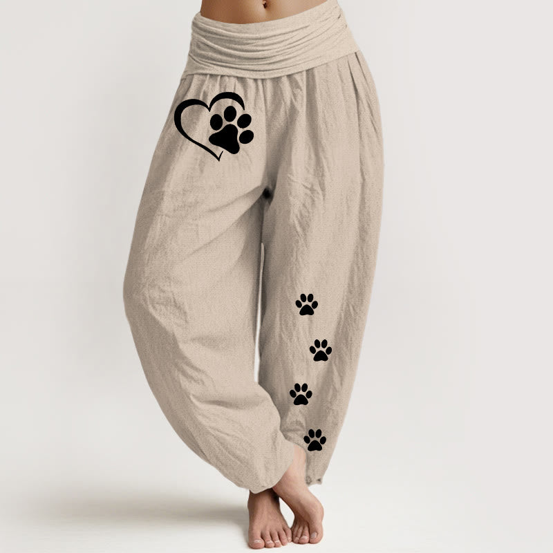 Buddha Stones Pure Cotton Concise Cat Paw Prints Heart-Shaped Pattern Women's Elastic Waist Harem Pants - Tan - US16，UK/AU20，EU48 (3XL) - image 0