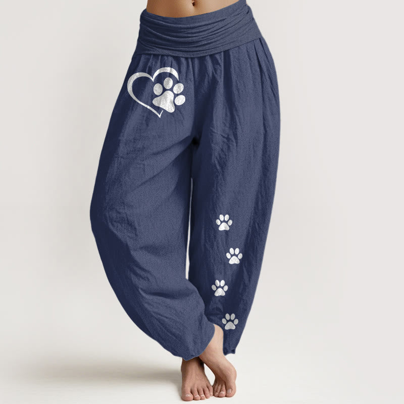Buddha Stones Pure Cotton Concise Cat Paw Prints Heart-Shaped Pattern Women's Elastic Waist Harem Pants - DarkSlateBlue - US16，UK/AU20，EU48 (3XL) - image 8