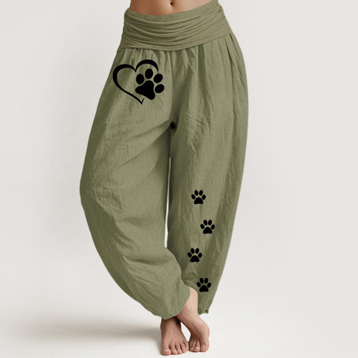 Buddha Stones Pure Cotton Concise Cat Paw Prints Heart-Shaped Pattern Women's Elastic Waist Harem Pants - OliveDrab - US16，UK/AU20，EU48 (3XL) - image 14