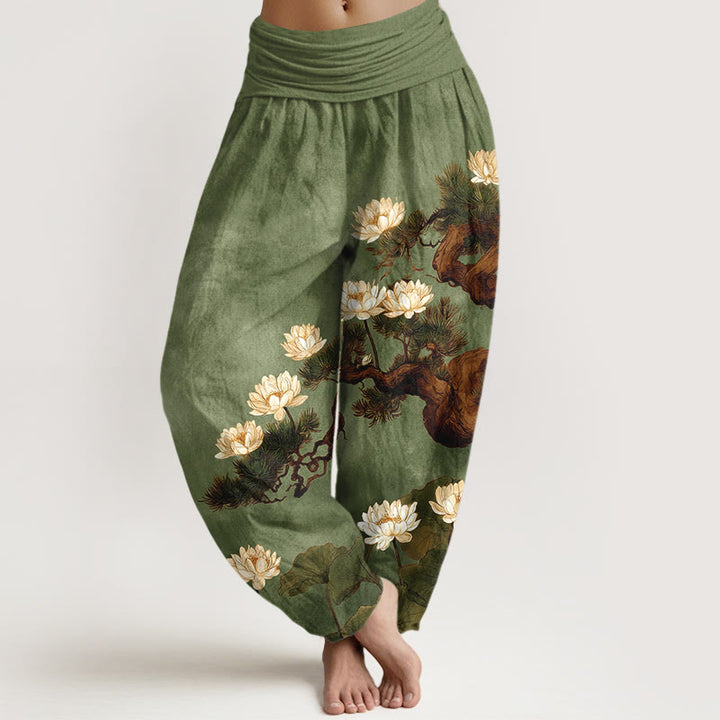 Buddha Stones Pure Cotton Elegant Pine Tree Lotus Flower Leaf Pattern Women's Elastic Waist Harem Pants - OliveDrab - US16，UK/AU20，EU48 (3XL) - image 5