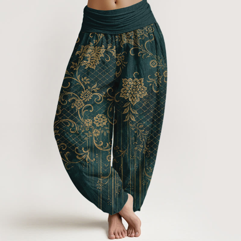 Buddha Stones Pure Cotton Classical Flower Leaf Vine Pattern Women's Elastic Waist Harem Pants - DarkGreen - US16，UK/AU20，EU48 (3XL) - image 0