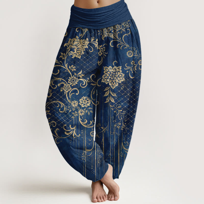 Buddha Stones Pure Cotton Classical Flower Leaf Vine Pattern Women's Elastic Waist Harem Pants - DarkBlue - US16，UK/AU20，EU48 (3XL) - image 8