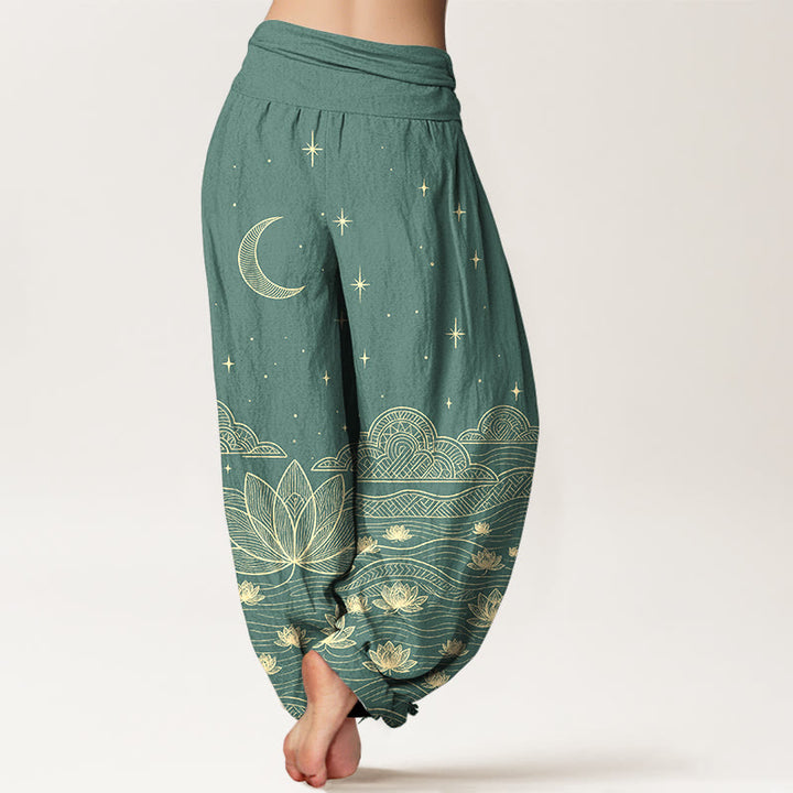 Buddha Stones Pure Cotton Elegant Moon Star Cloud Lotus Flower Water Ripple Pattern Women's Elastic Waist Harem Pants - image 6