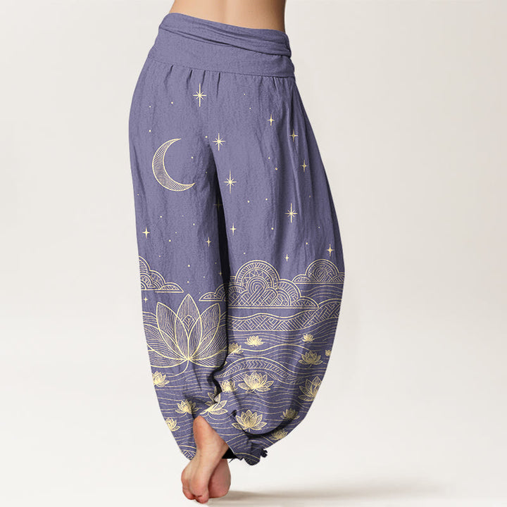 Buddha Stones Pure Cotton Elegant Moon Star Cloud Lotus Flower Water Ripple Pattern Women's Elastic Waist Harem Pants - image 9
