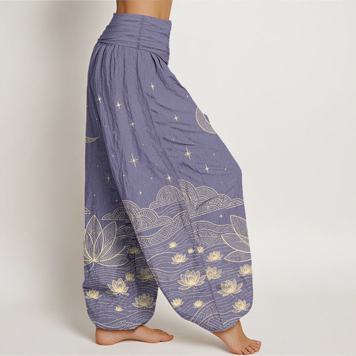 Buddha Stones Pure Cotton Elegant Moon Star Cloud Lotus Flower Water Ripple Pattern Women's Elastic Waist Harem Pants - image 10