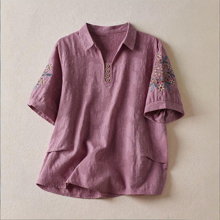 Buddha Stones Casual Floral Pattern Lapel Women's Short Sleeve T-shirt - MediumOrchid - US12，UK/AU16，EU44 (3XL) - image 0