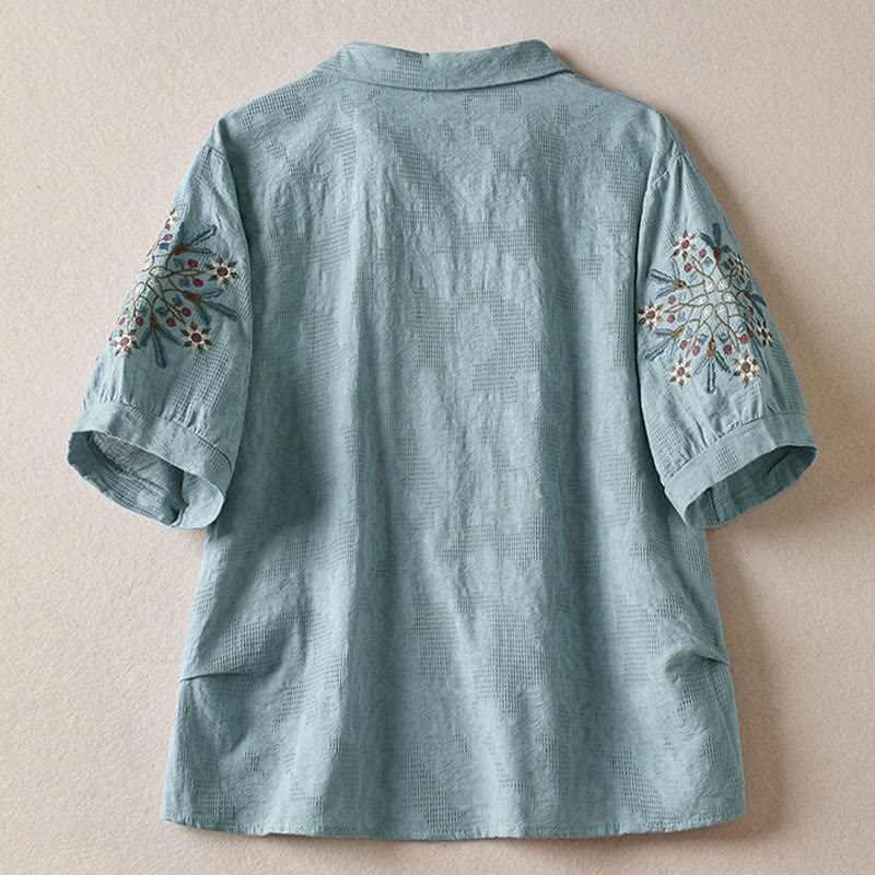 Buddha Stones Casual Floral Pattern Lapel Women's Short Sleeve T-shirt - image 9
