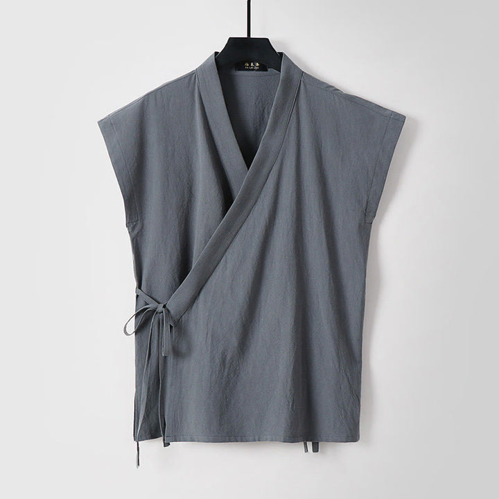 Buddha Stones Summer Solid Color V-Neck Sleeveless Men's Cotton Linen Vest - Gray - US/UK/AU56，EU66 (9XL) - image 0