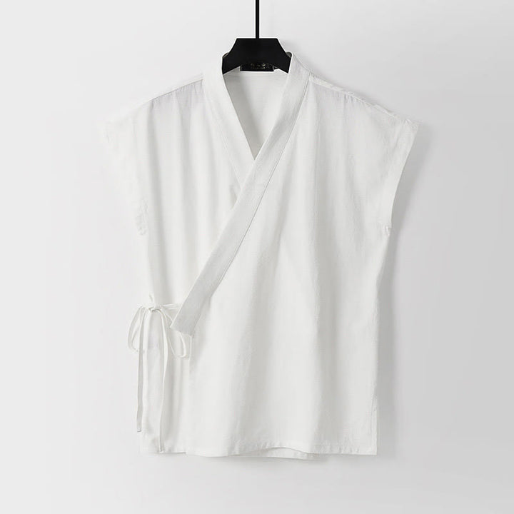 Buddha Stones Summer Solid Color V-Neck Sleeveless Men's Cotton Linen Vest - White - US/UK/AU56，EU66 (9XL) - image 2