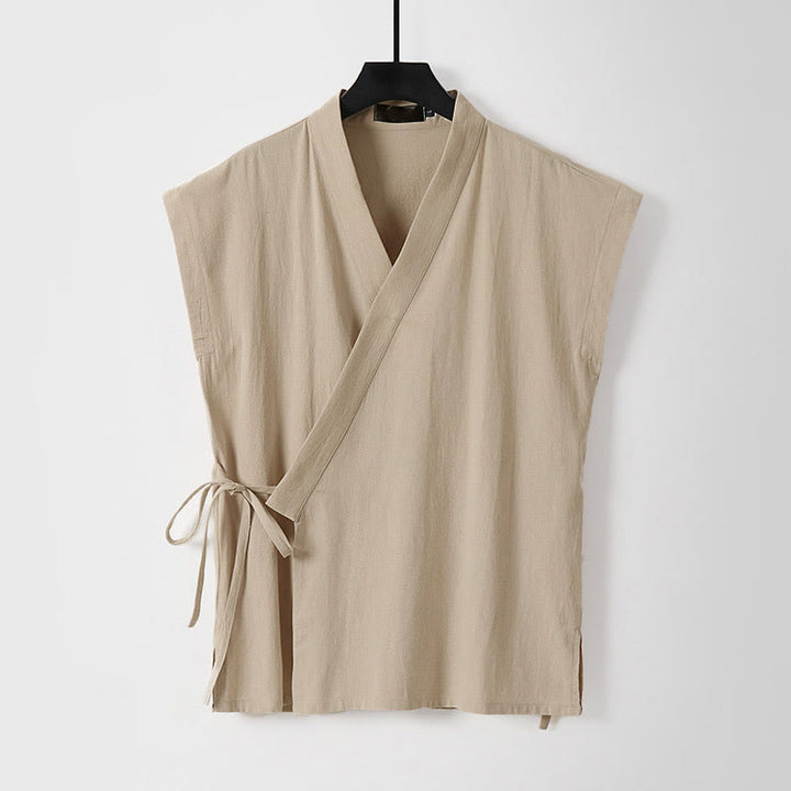 Buddha Stones Summer Solid Color V-Neck Sleeveless Men's Cotton Linen Vest - Wheat - US/UK/AU56，EU66 (9XL) - image 6