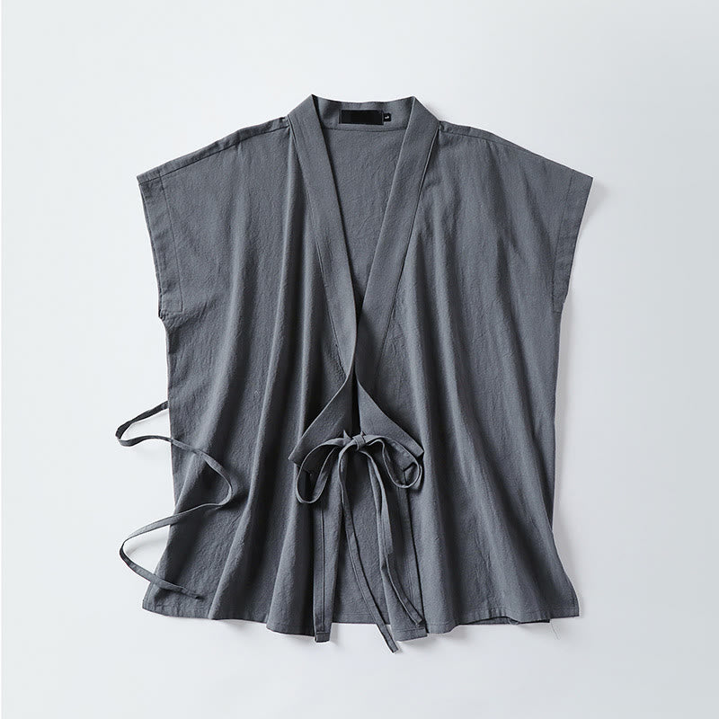 Buddha Stones Summer Solid Color V-Neck Sleeveless Men's Cotton Linen Vest - image 1