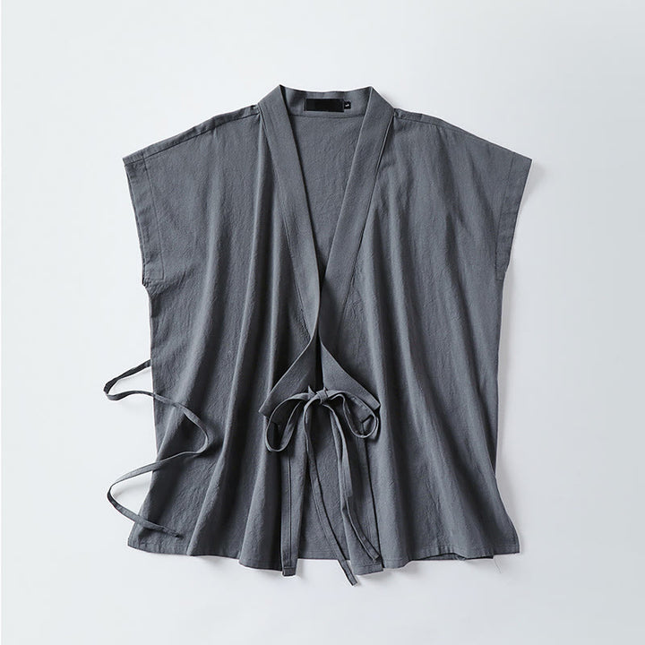 Buddha Stones Summer Solid Color V-Neck Sleeveless Men's Cotton Linen Vest - image 1