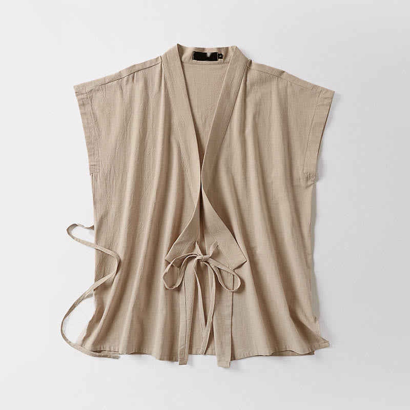 Buddha Stones Summer Solid Color V-Neck Sleeveless Men's Cotton Linen Vest - image 7