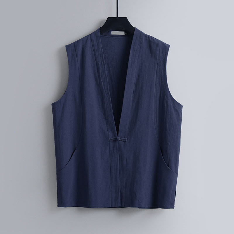 Buddha Stones Summer Solid Color V-Neck Frog-Button Sleeveless Men's Cotton Linen Vest - Navy - US/UK/AU54，EU64 (9XL) - image 0