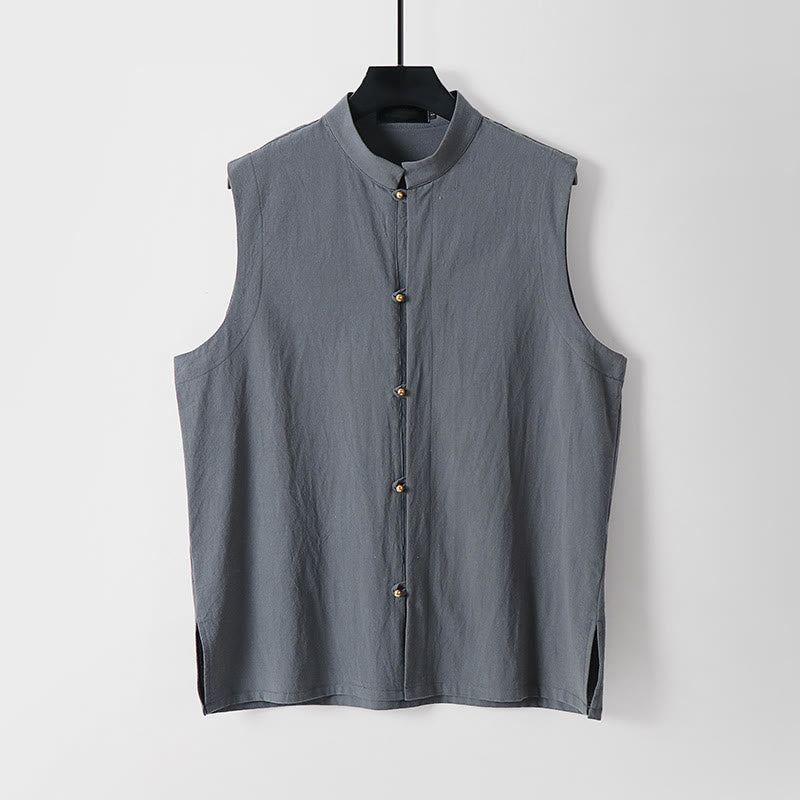 Buddha Stones Summer Solid Color Stand Collar Men's Cotton Linen Sleeveless Vest - Gray - US/UK/AU54，EU64 (9XL) - image 0