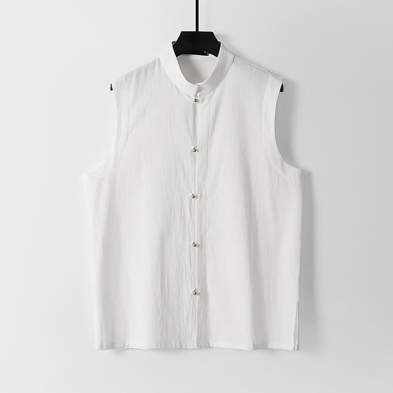 Buddha Stones Summer Solid Color Stand Collar Men's Cotton Linen Sleeveless Vest - White - US/UK/AU54，EU64 (9XL) - image 2