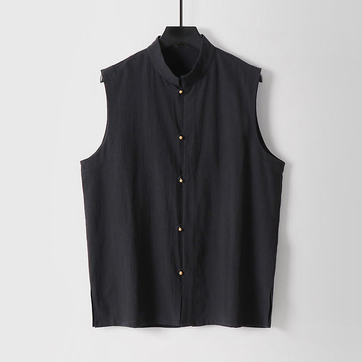 Buddha Stones Summer Solid Color Stand Collar Men's Cotton Linen Sleeveless Vest - Black - US/UK/AU54，EU64 (9XL) - image 4