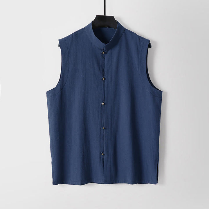 Buddha Stones Summer Solid Color Stand Collar Men's Cotton Linen Sleeveless Vest - Navy - US/UK/AU54，EU64 (9XL) - image 14