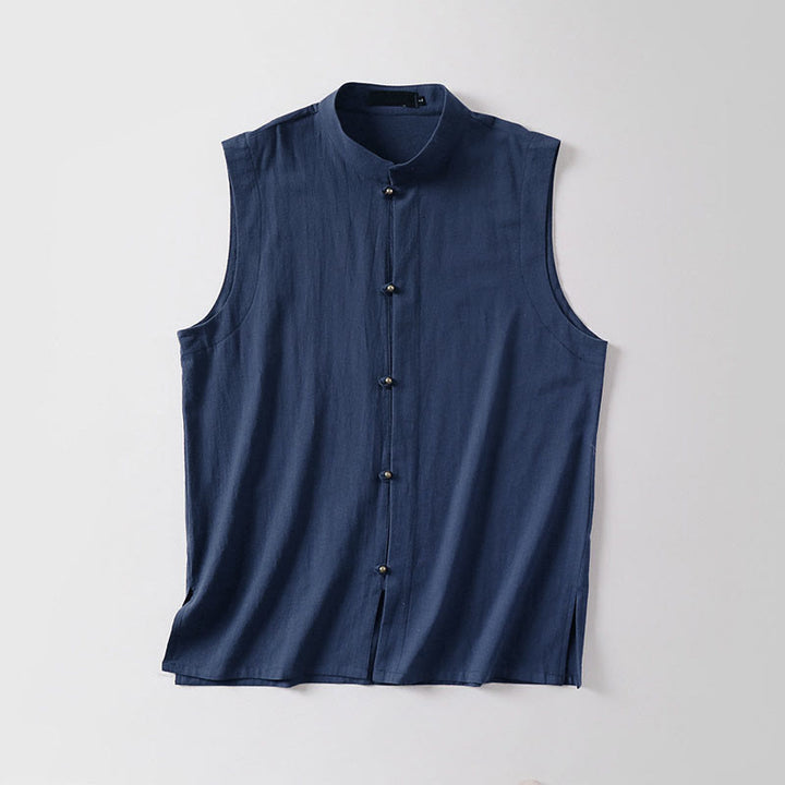 Buddha Stones Summer Solid Color Stand Collar Men's Cotton Linen Sleeveless Vest - image 15
