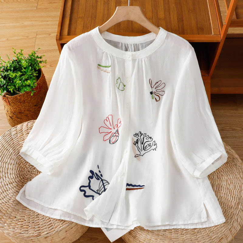 Buddha Stones Coral Gourd Pattern Crew Neck Half Sleeve Women's Polyester Shirt  - White - US8-10，UK/AU12-14，EU40-42 (2XL) - image 8