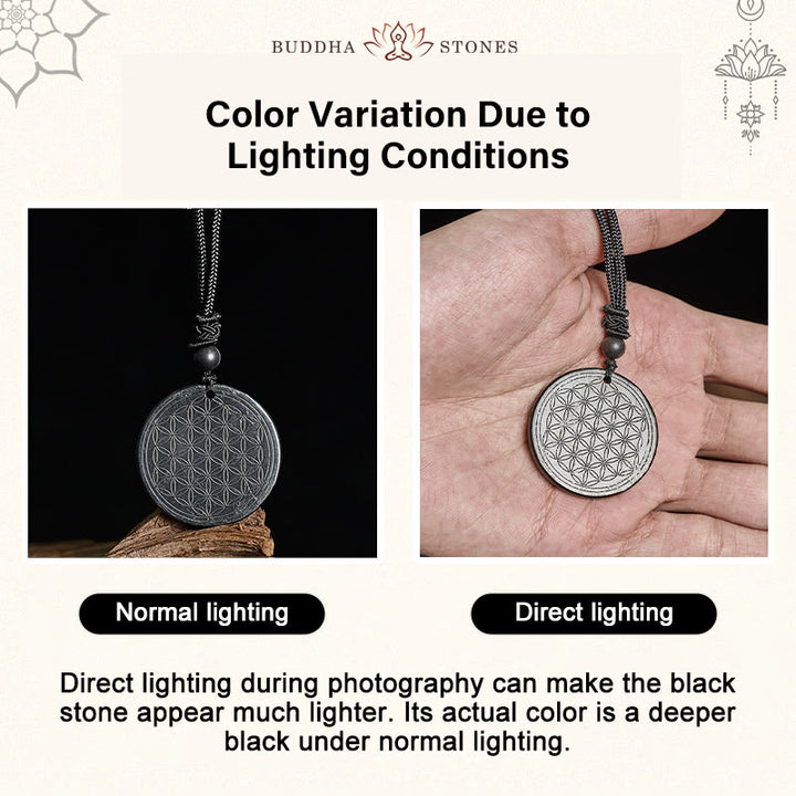 Buddha Stones Flower of Life Carving Design Authentic Shungite Stone Protection Necklace Pendant - image 13