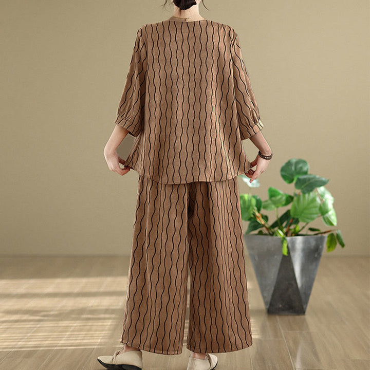 Buddha Stones 2pcs Striped Pattern Short Sleeve Shirt Polyester 7 Length Harem Pants Set With Pocket - image 3