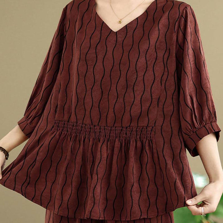 Buddha Stones 2pcs Striped Pattern Short Sleeve Shirt Polyester 7 Length Harem Pants Set With Pocket - image 26