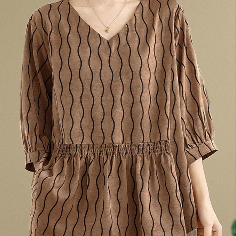 Buddha Stones 2pcs Striped Pattern Short Sleeve Shirt Polyester 7 Length Harem Pants Set With Pocket - image 4