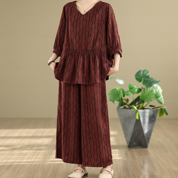 Buddha Stones 2pcs Striped Pattern Short Sleeve Shirt Polyester 7 Length Harem Pants Set With Pocket - image 24