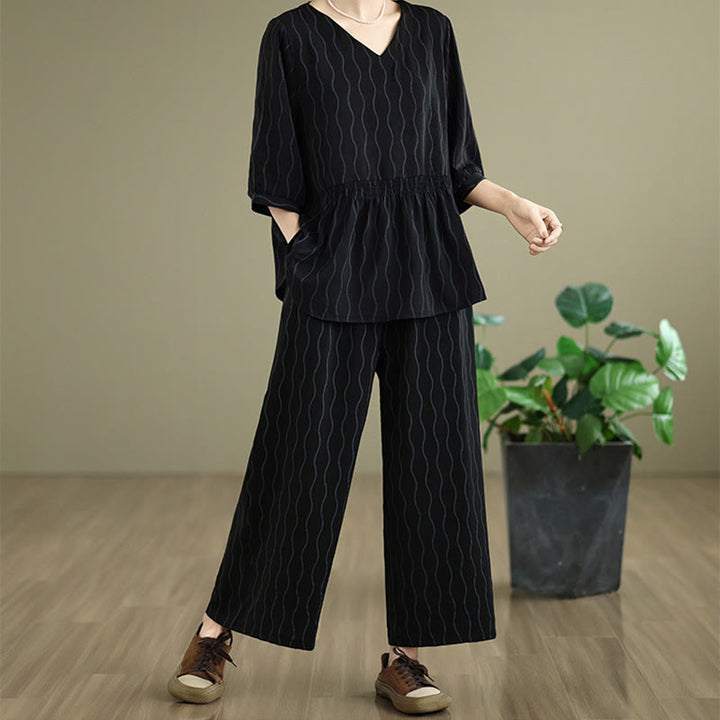 Buddha Stones 2pcs Striped Pattern Short Sleeve Shirt Polyester 7 Length Harem Pants Set With Pocket - Black - US12，UK/AU16，EU44 (3XL) - image 10