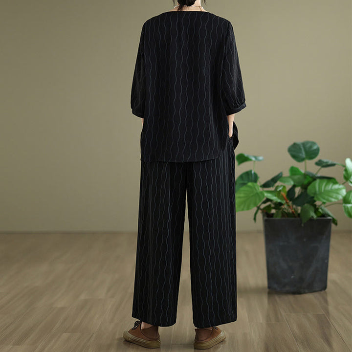 Buddha Stones 2pcs Striped Pattern Short Sleeve Shirt Polyester 7 Length Harem Pants Set With Pocket - image 16