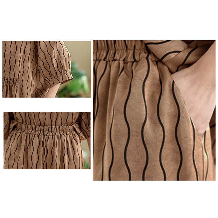 Buddha Stones 2pcs Striped Pattern Short Sleeve Shirt Polyester 7 Length Harem Pants Set With Pocket - image 8