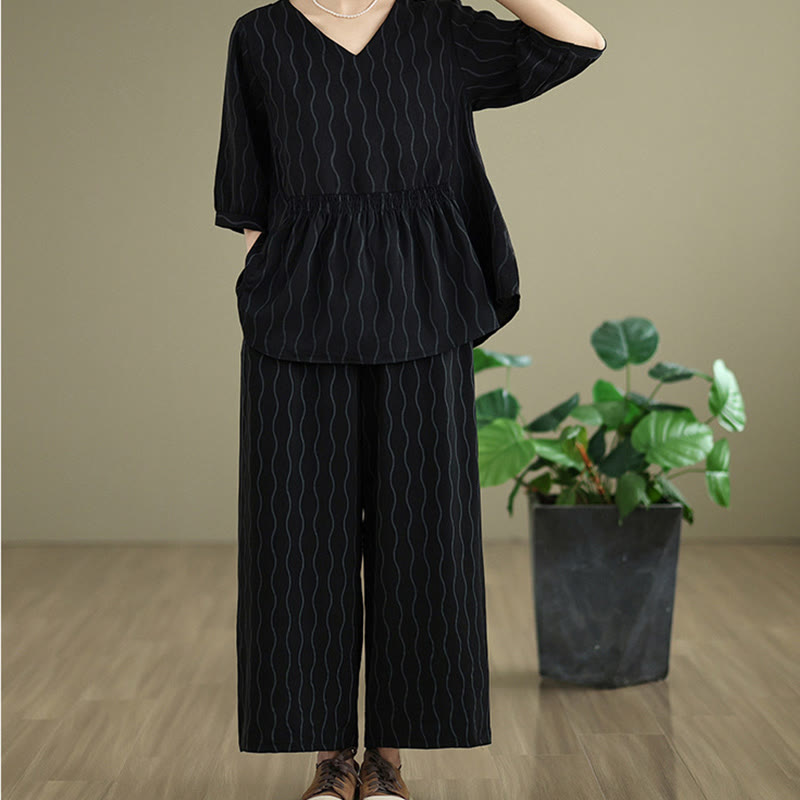 Buddha Stones 2pcs Striped Pattern Short Sleeve Shirt Polyester 7 Length Harem Pants Set With Pocket - image 13