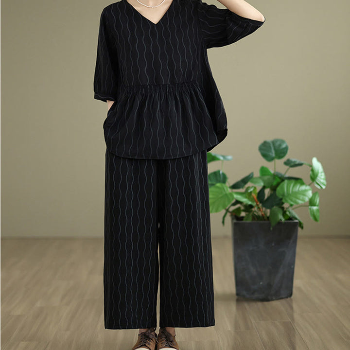 Buddha Stones 2pcs Striped Pattern Short Sleeve Shirt Polyester 7 Length Harem Pants Set With Pocket - image 13
