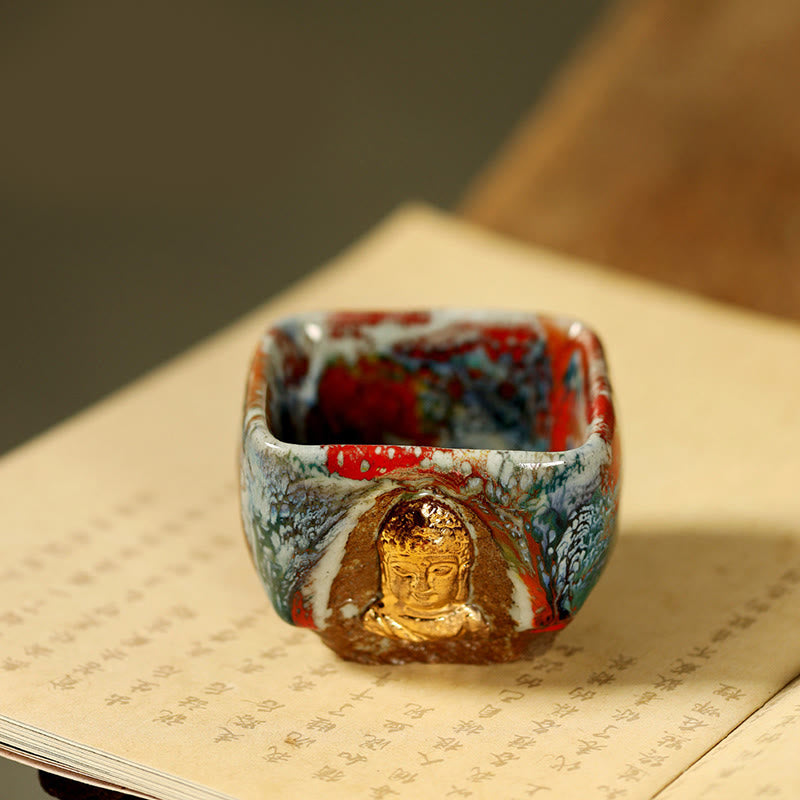 Buddha Stones Hand-painted Dunhuang Meditating Buddha Shino Ceramic Teacup Kung Fu Tea Cup - Buddha 7cm*5.5cm*125ml - image 7
