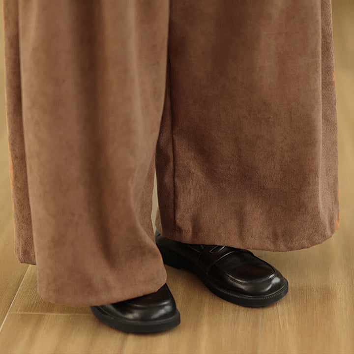 Buddha Stones Spring Plain Brown Corduroy Women's Wide Leg Pants With Pockets - image 10