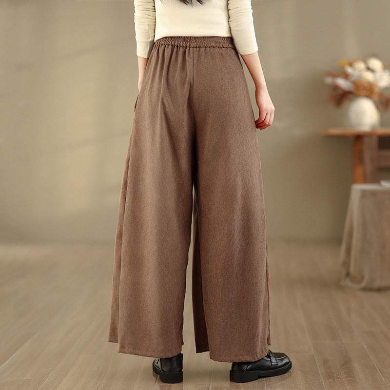 Buddha Stones Spring Plain Brown Corduroy Women's Wide Leg Pants With Pockets - image 4