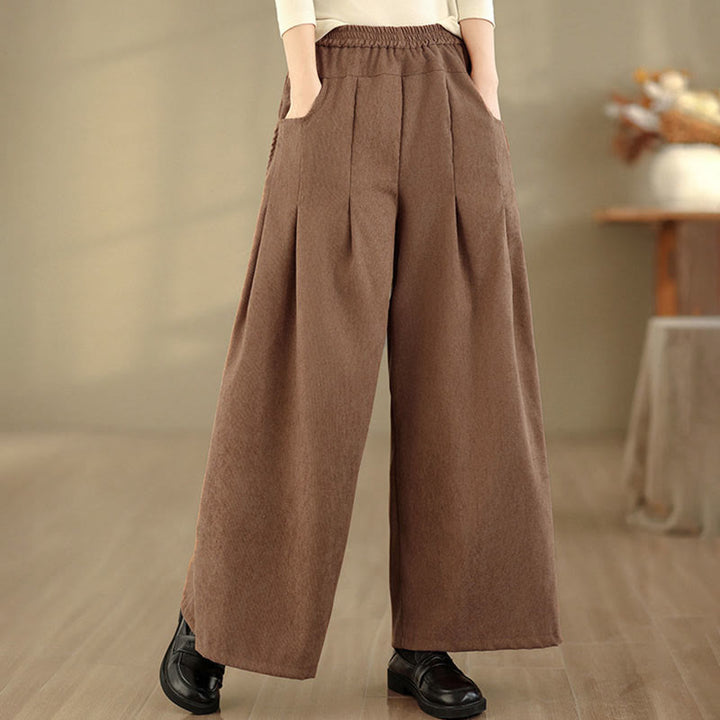 Buddha Stones Spring Plain Brown Corduroy Women's Wide Leg Pants With Pockets - image 1