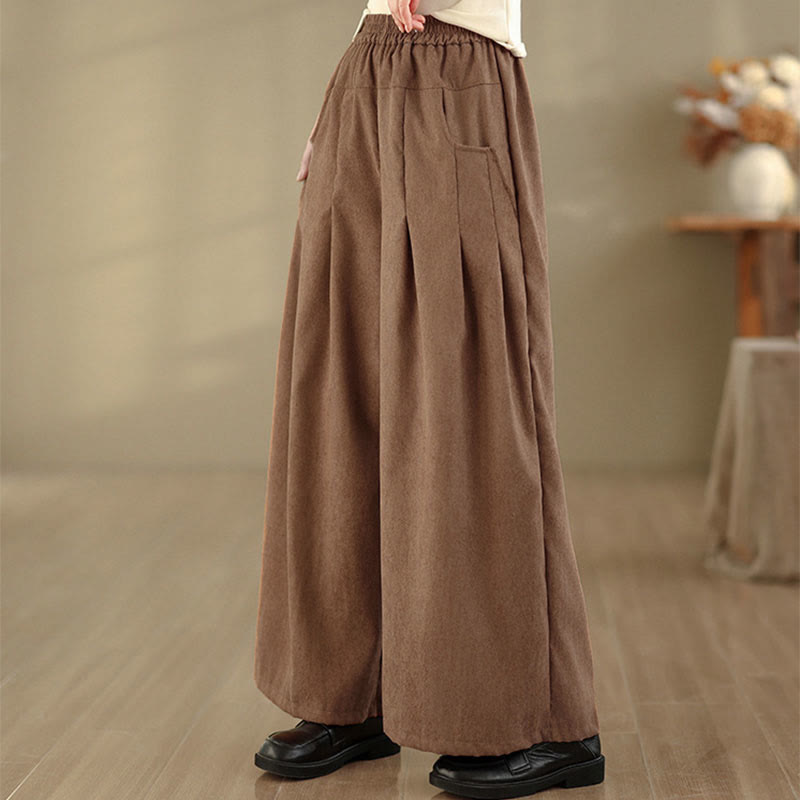 Buddha Stones Spring Plain Brown Corduroy Women's Wide Leg Pants With Pockets - image 5